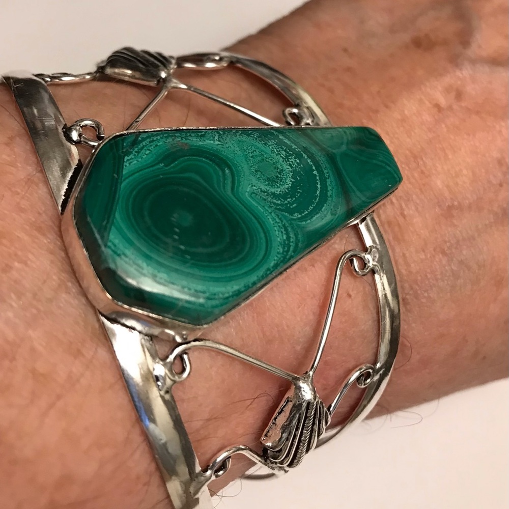 Malachite Stamped 925 Sterling Silver Cuff Bracelet